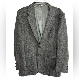 VTG Herringbone Mens Sport Coat Blazer Gray Tweed Pure Wool 42L Elbow Patches